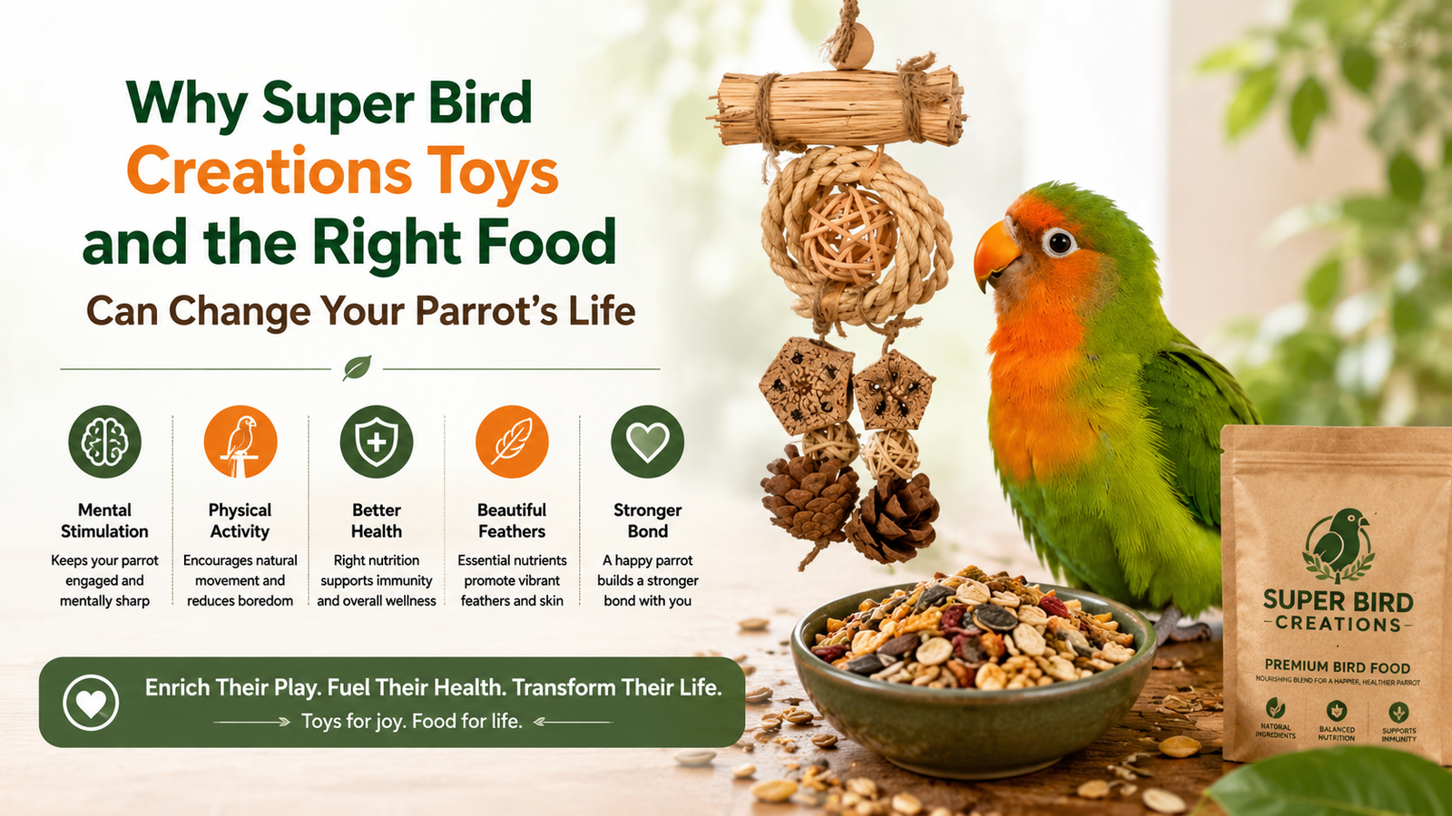 Why Super Bird Creations Toys & Healthy Food Matter for Parrots